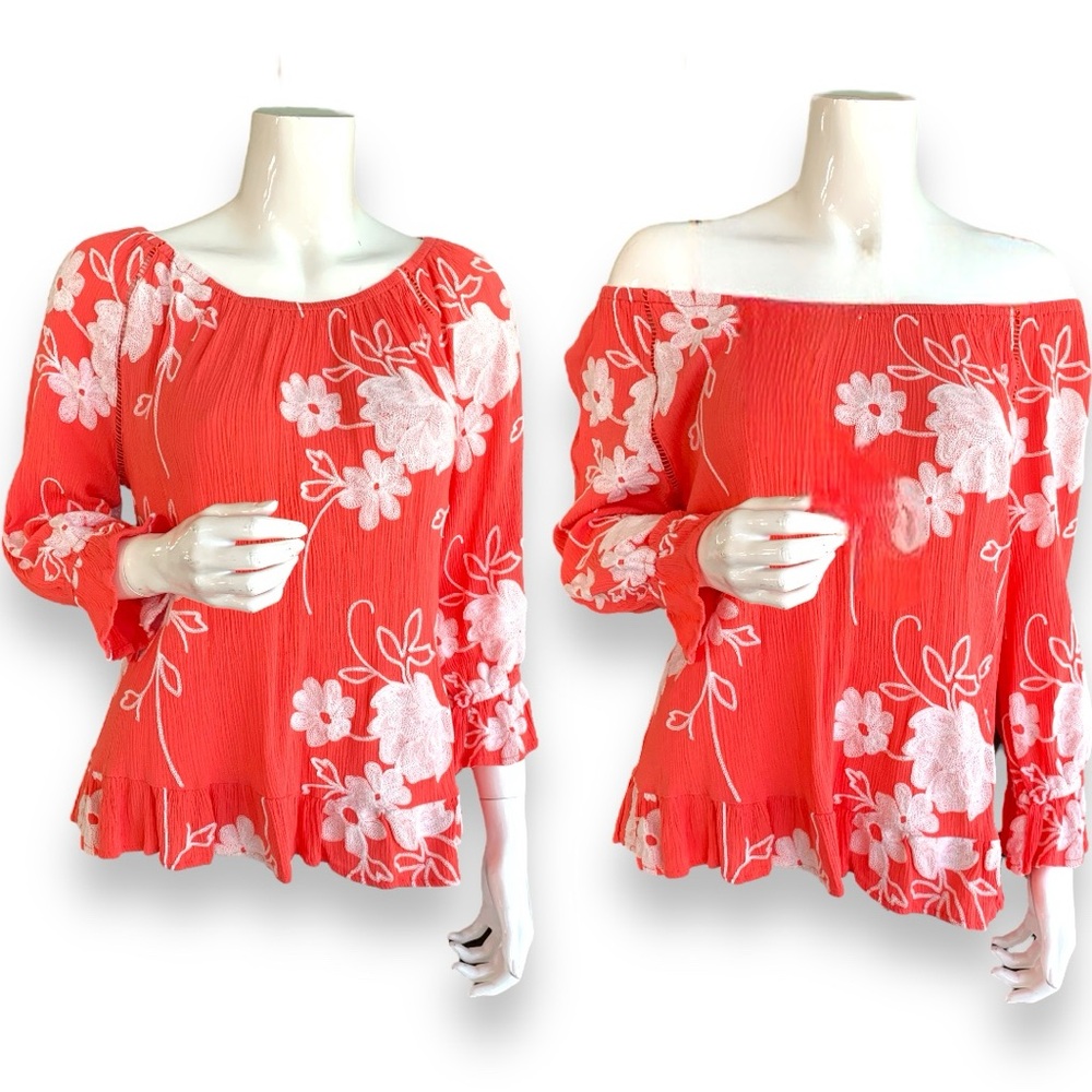 LIV LOS ANGELES ORANGE WHITE FLORAL PEASANT BLOUSE. WOMEN’S SIZE MEDIUM